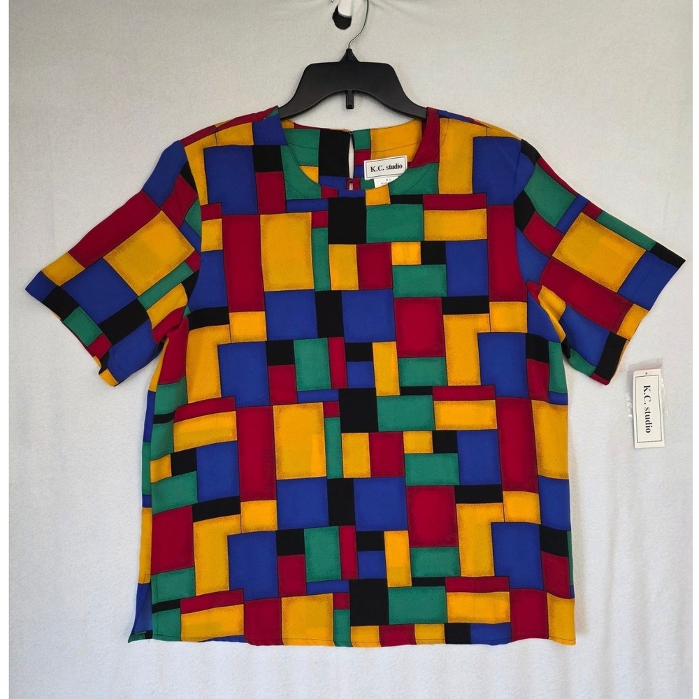 K.C. Studio NWT Geometric Colorblock Blouse M Polyester Vintage 90s Abstract